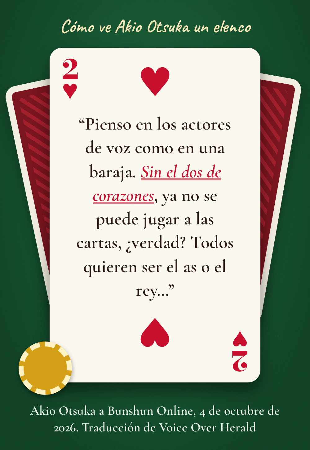 Gráfico de un dos de corazones sobre una mesa de juego verde con las palabras de Akio Otsuka: Pienso en los actores de voz como en una baraja. Sin el dos de corazones, ya no se puede jugar a las cartas, ¿verdad? Todos quieren ser el as o el rey
