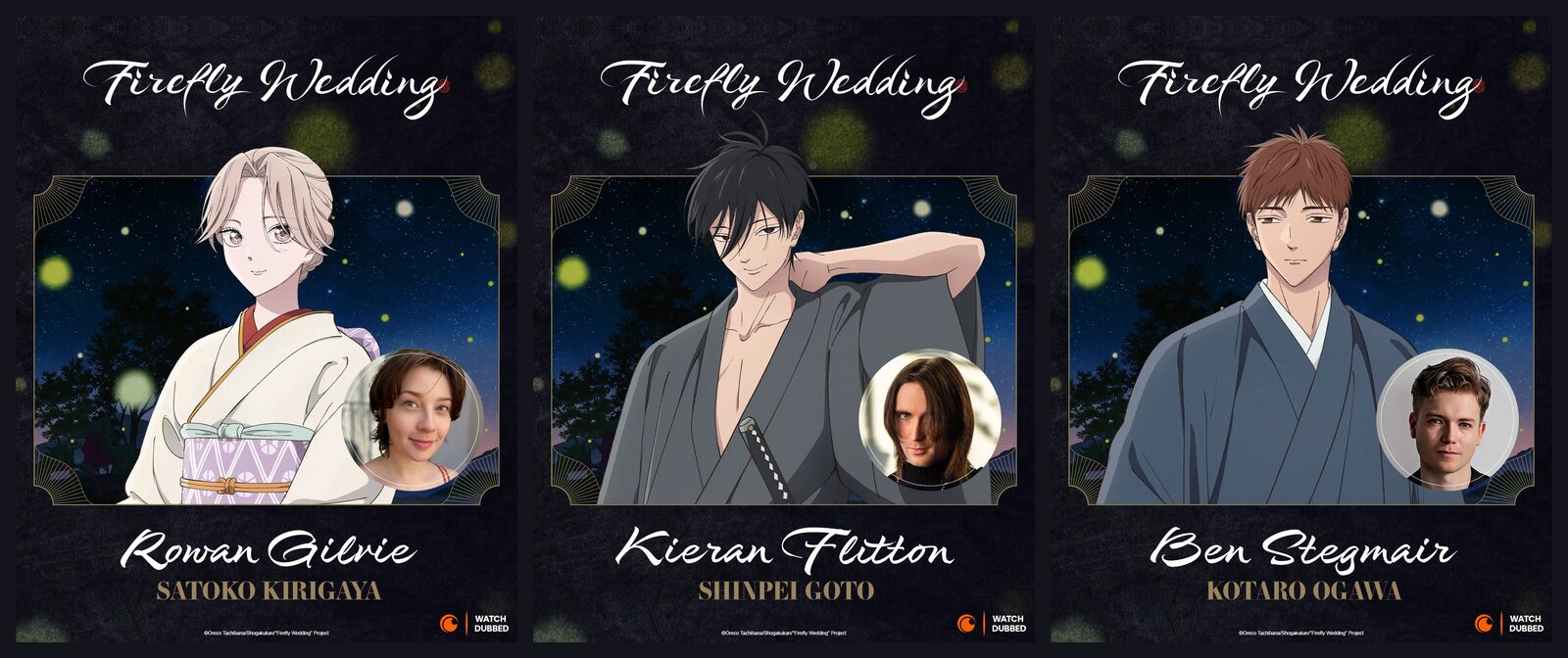 Three Crunchyroll English dub cast cards for Firefly Wedding, each with a character and a round photo of the actor: Rowan Gilvie as Satoko Kirigaya, Kieran Flitton as Shinpei Goto and Ben Stegmair as Kotaro Ogawa. Images: Crunchyroll. Composite image: Voice Over Herald