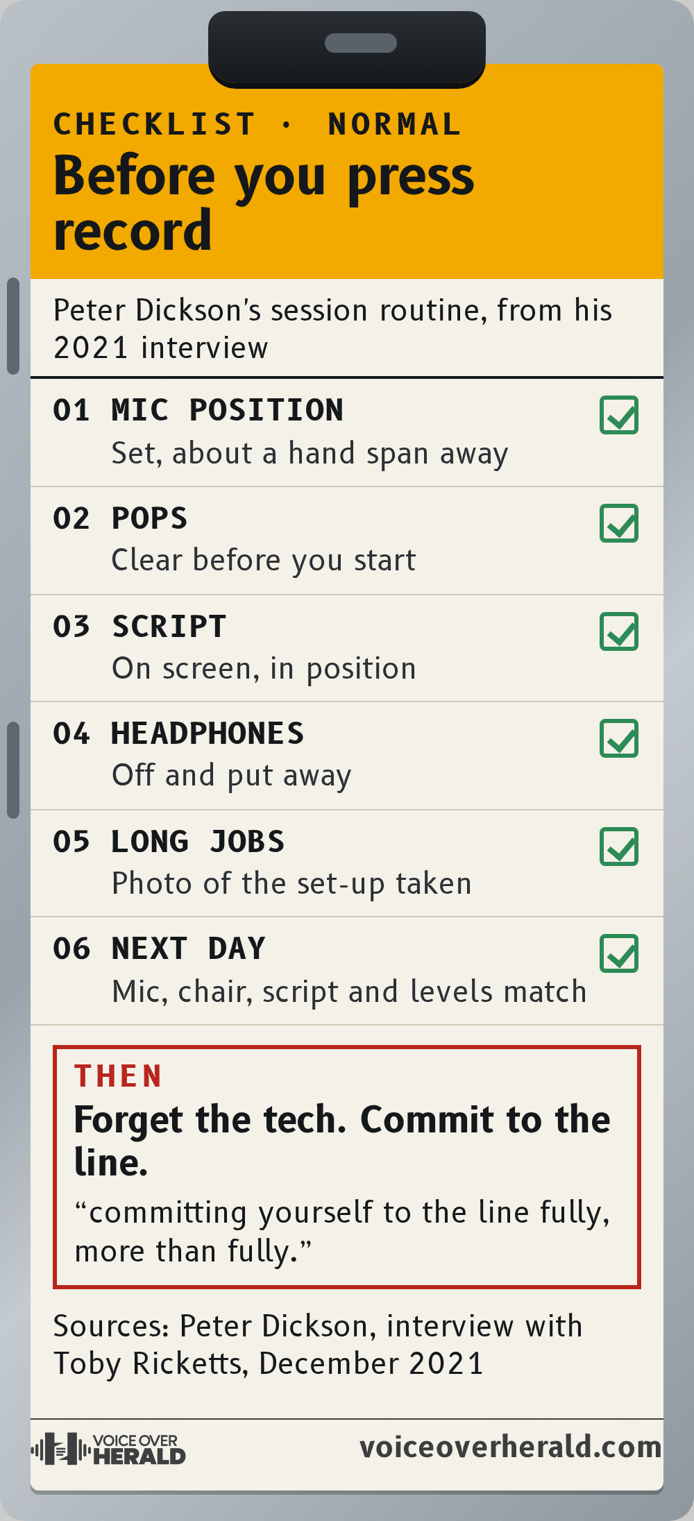 Pre-flight checklist graphic of Peter Dickson's session routine: mic a hand span away, pops clear, script on screen, headphones off, photo of the set-up on long jobs, everything matching the next day, then commit to the line