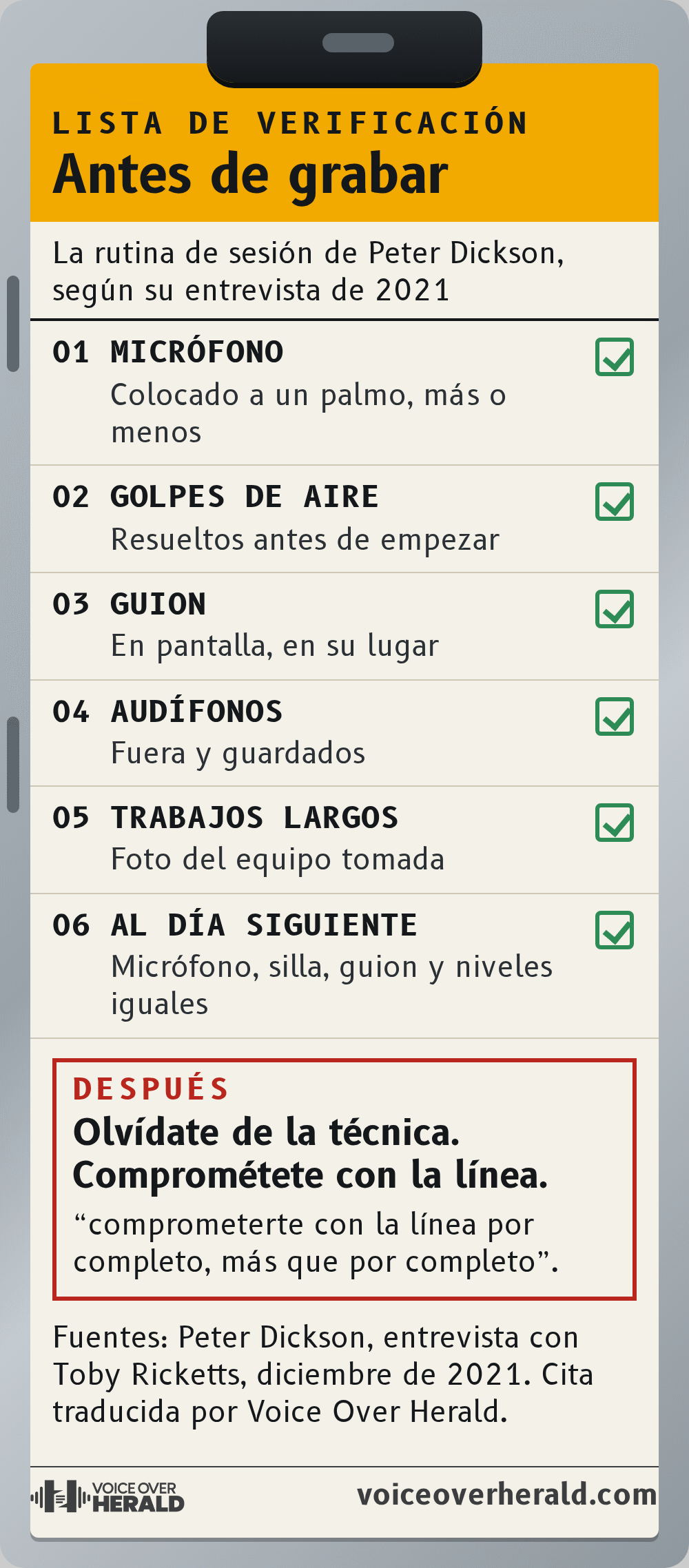 Gráfico de lista de verificación con la rutina de sesión de Peter Dickson: micrófono a un palmo, golpes de aire resueltos, guion en pantalla, audífonos fuera, foto del equipo en trabajos largos, todo igual al día siguiente y luego comprometerse con la línea