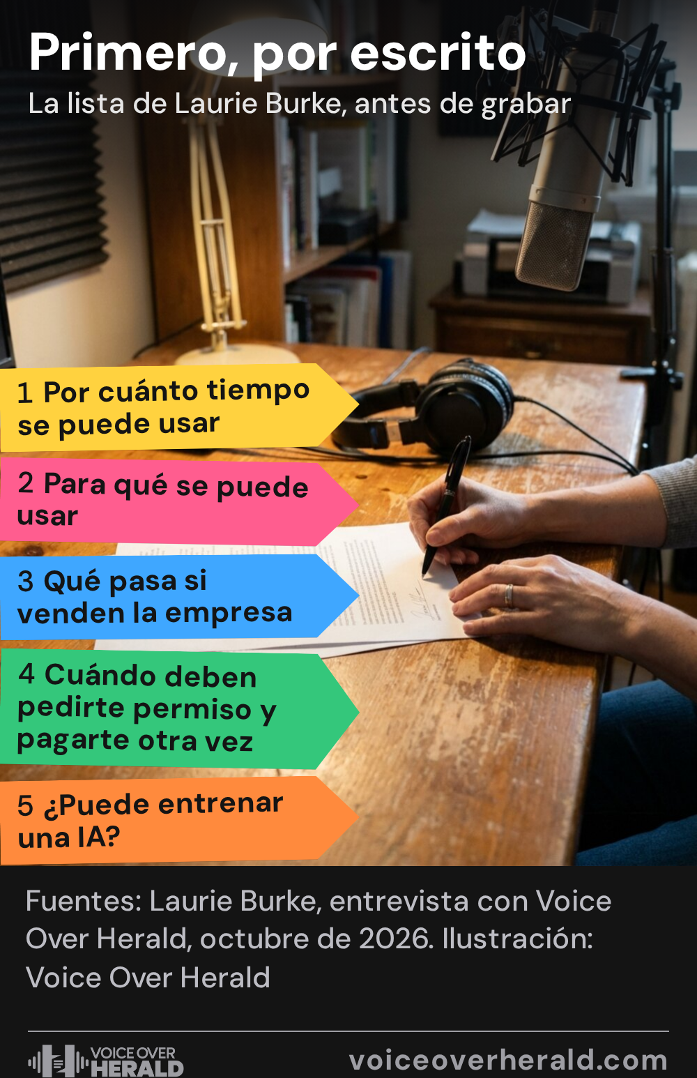Una locutora firma un contrato en el escritorio de su estudio en casa, con cinco banderitas de lo que hay que pedir por escrito: por cuánto tiempo se puede usar, para qué, qué pasa si venden la empresa, cuándo deben pedirte permiso y pagarte otra vez, y si puede entrenar una IA