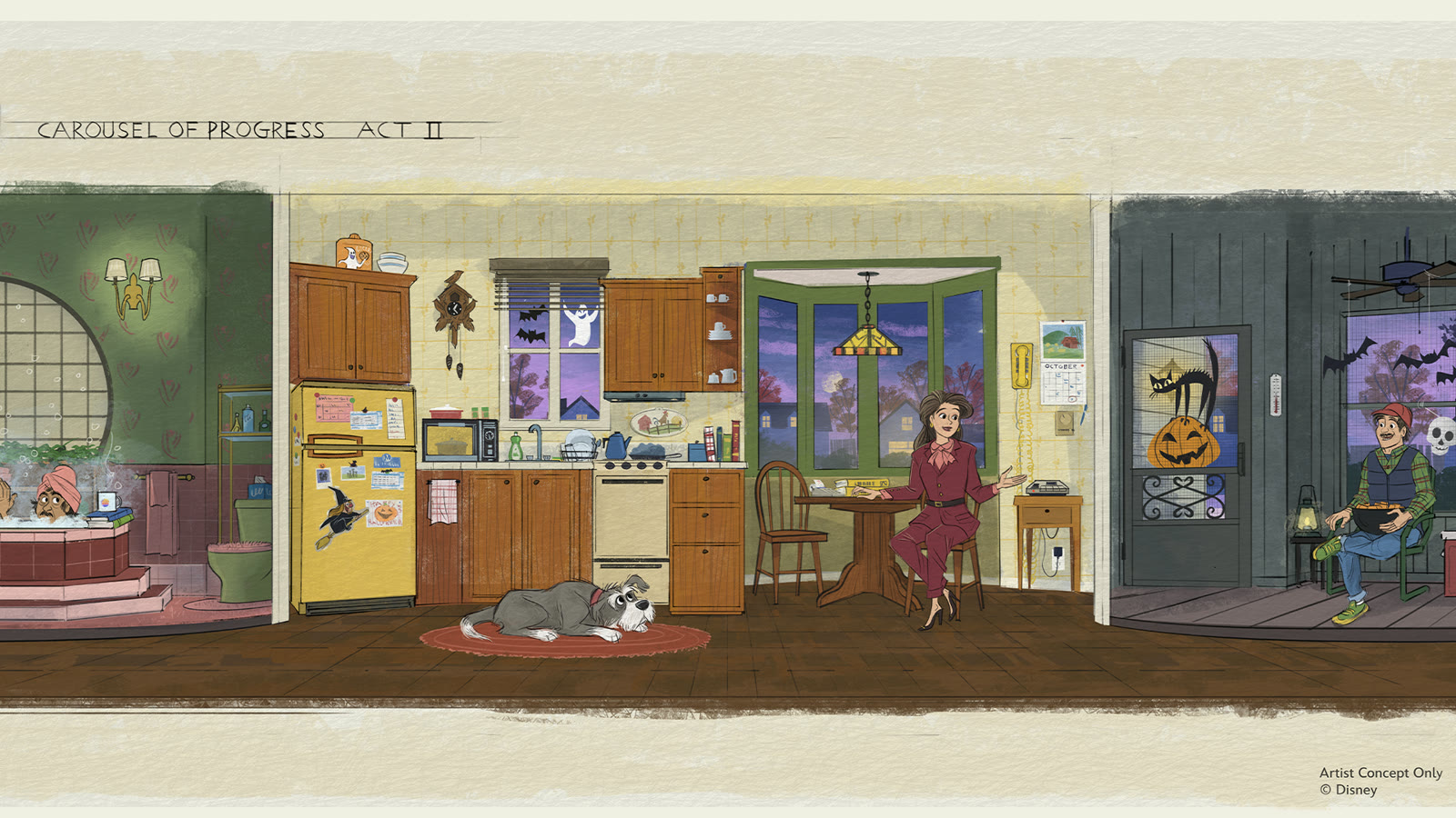 Concept art for Act II of the new Carousel of Progress, Halloween night 1985: Uncle Orville in the bathtub, Sarah in the kitchen with the family dog, and John on the porch with a bowl of candy. Concept art: Disney