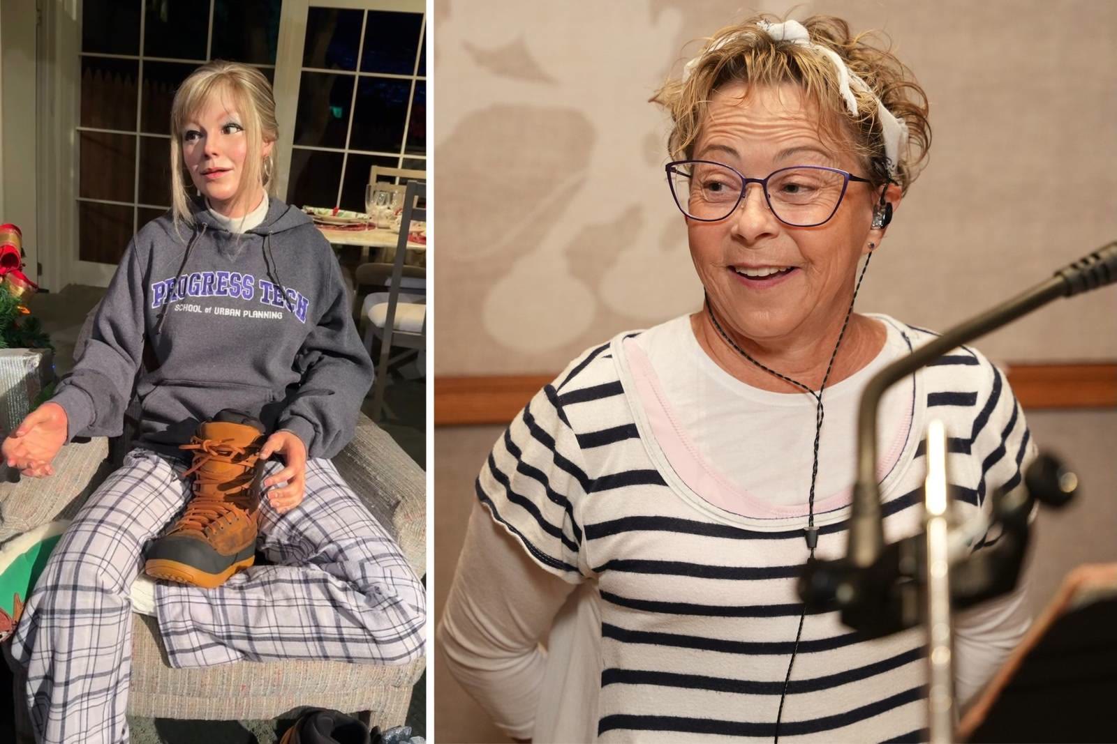 Left, the Audio-Animatronic Patricia from the current Carousel of Progress in a Progress Tech sweatshirt; right, Debi Derryberry in the recording booth for her new Grandmother role. Image: Walt Disney Imagineering
