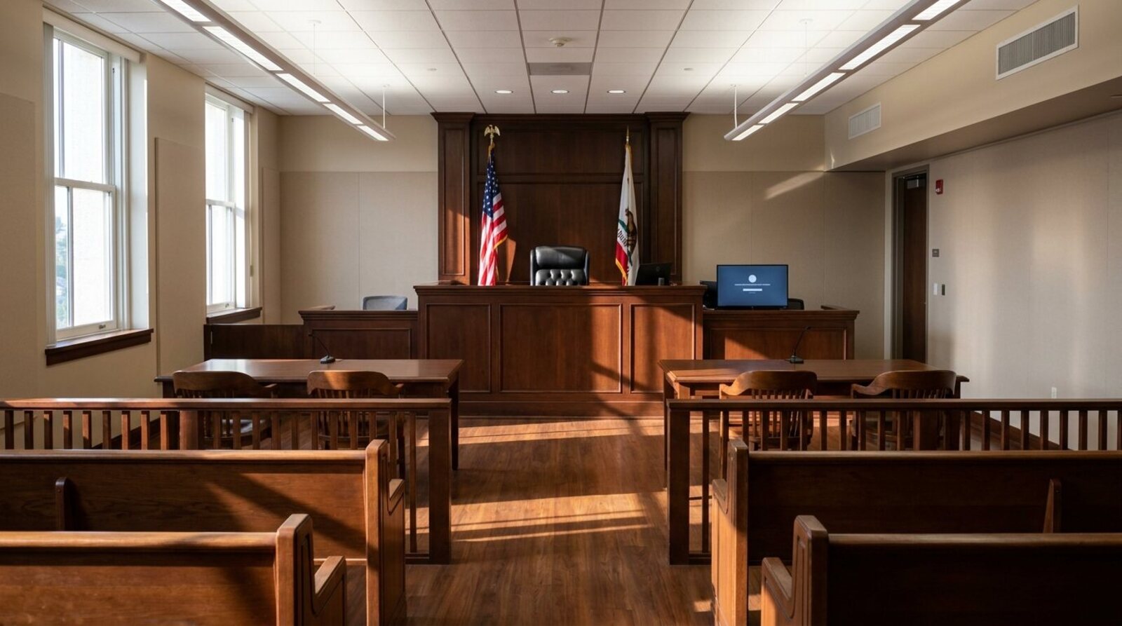 Una sala de tribunal vacía con el estrado del juez entre una bandera de Estados Unidos y una de California, mesas de abogados y bancas de madera para el público. © Voice Over Herald