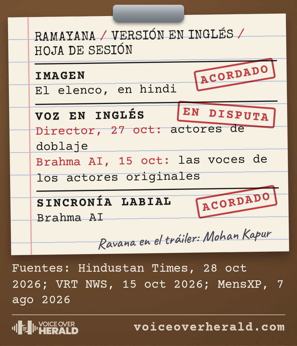 Una hoja de sesión de doblaje de la versión en inglés de Ramayana: la imagen, el elenco en hindi, marcada como acordada; la voz en inglés marcada en disputa, con el director el 27 de octubre diciendo actores de doblaje y Brahma AI el 15 de octubre diciendo las voces de los actores originales; la sincronía labial de Brahma AI, acordada; una nota a lápiz dice que Mohan Kapur hizo la voz de Ravana en el tráiler