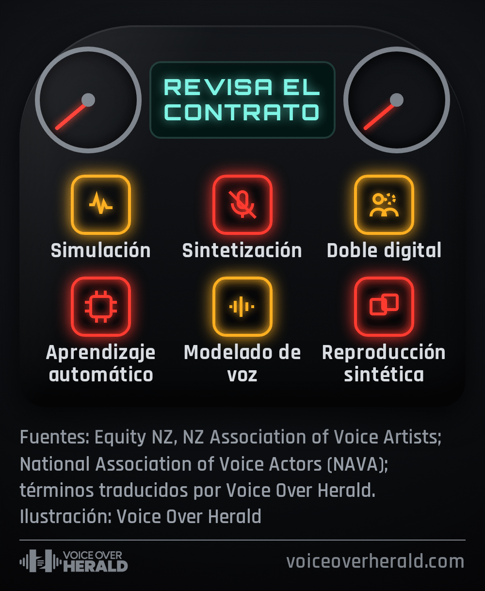 Gráfico de un tablero de auto que dice REVISA EL CONTRATO, con seis luces de advertencia encendidas: Simulación, Sintetización, Doble digital, Aprendizaje automático, Modelado de voz y Reproducción sintética, las palabras de contrato que Equity NZ y NAVA piden vigilar. Ilustración: Voice Over Herald