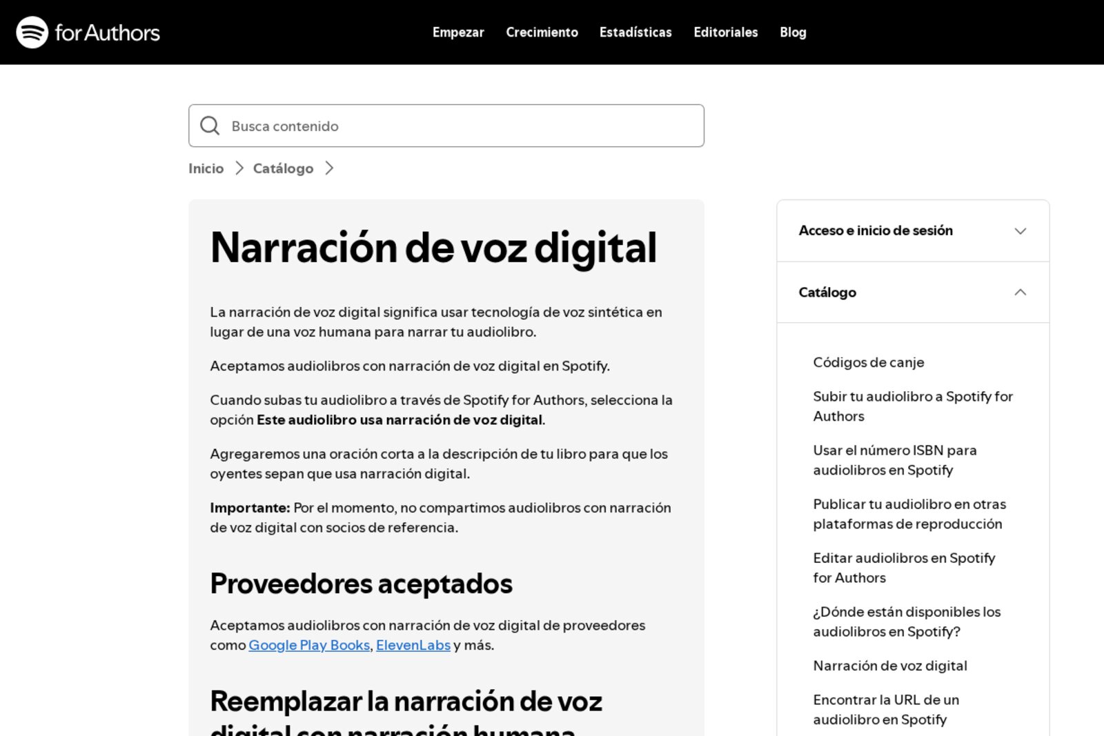 Captura de la página de ayuda de Spotify for Authors Narración de voz digital, con proveedores aceptados como Google Play Books y ElevenLabs. Imagen: Spotify