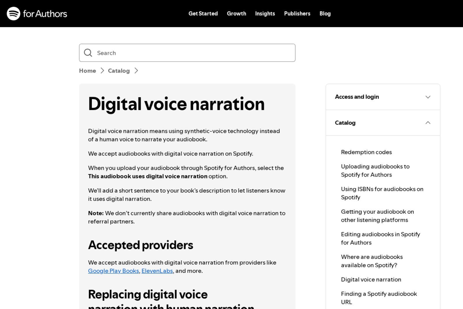 Screenshot of Spotify for Authors help page Digital voice narration, listing accepted providers like Google Play Books and ElevenLabs and how to replace digital narration with human narration. Image: Spotify