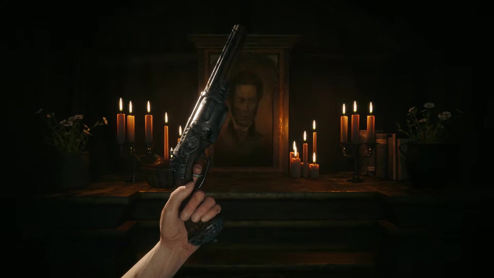 A first-person view in Valor Mortis of a hand raising an ornate flintlock revolver in front of a portrait and candles. Image: Lyrical Games and One More Level, still from the official film