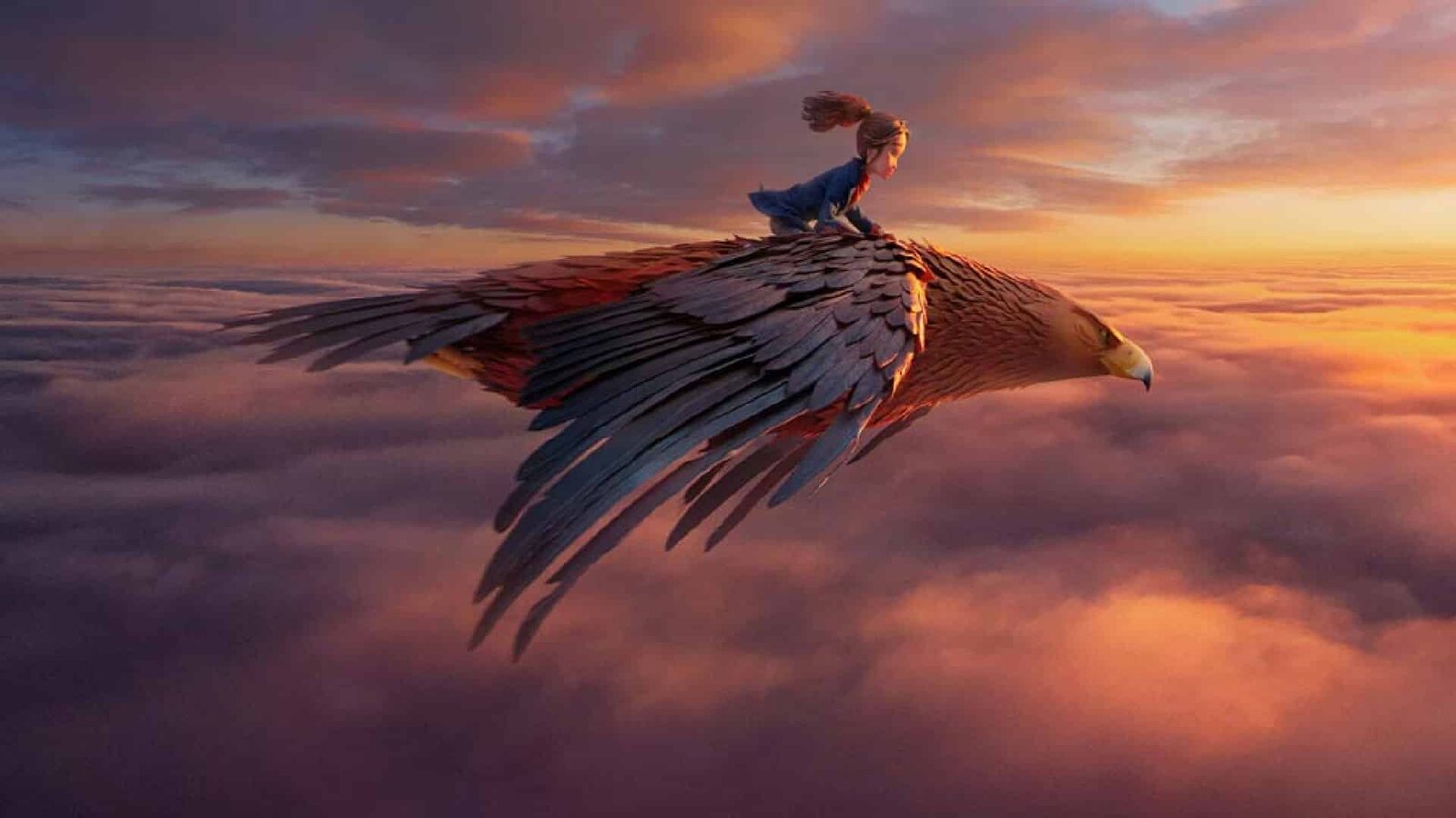 Imagen de Wildwood de Laika: Prue vuela sobre el lomo de un águila gigante encima de un mar de nubes al atardecer. Imagen: LAIKA