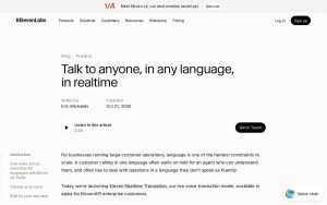 Screenshot of ElevenLabs' announcement page for Eleven Realtime Translation, headlined Talk to anyone, in any language, in realtime, dated October 21, 2026