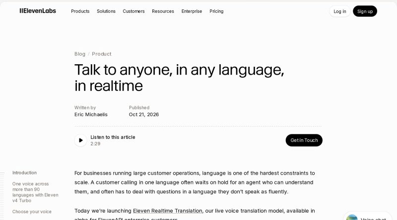 Screenshot of ElevenLabs' announcement page for Eleven Realtime Translation, headlined Talk to anyone, in any language, in realtime, dated October 21, 2026