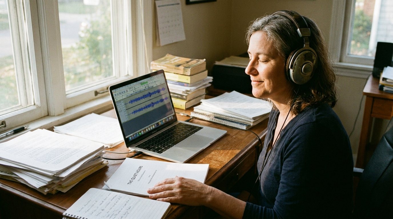 An independent author at a home writing desk listens on headphones with eyes closed, an audio waveform on her laptop © Voice Over Herald