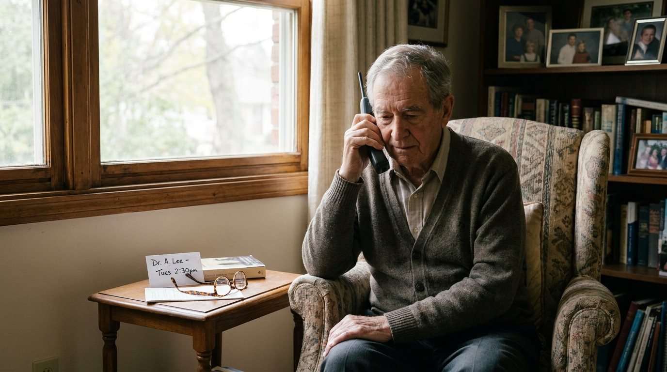 An older man in an armchair holds a cordless phone to his ear, an appointment card and glasses on the table beside him © Voice Over Herald