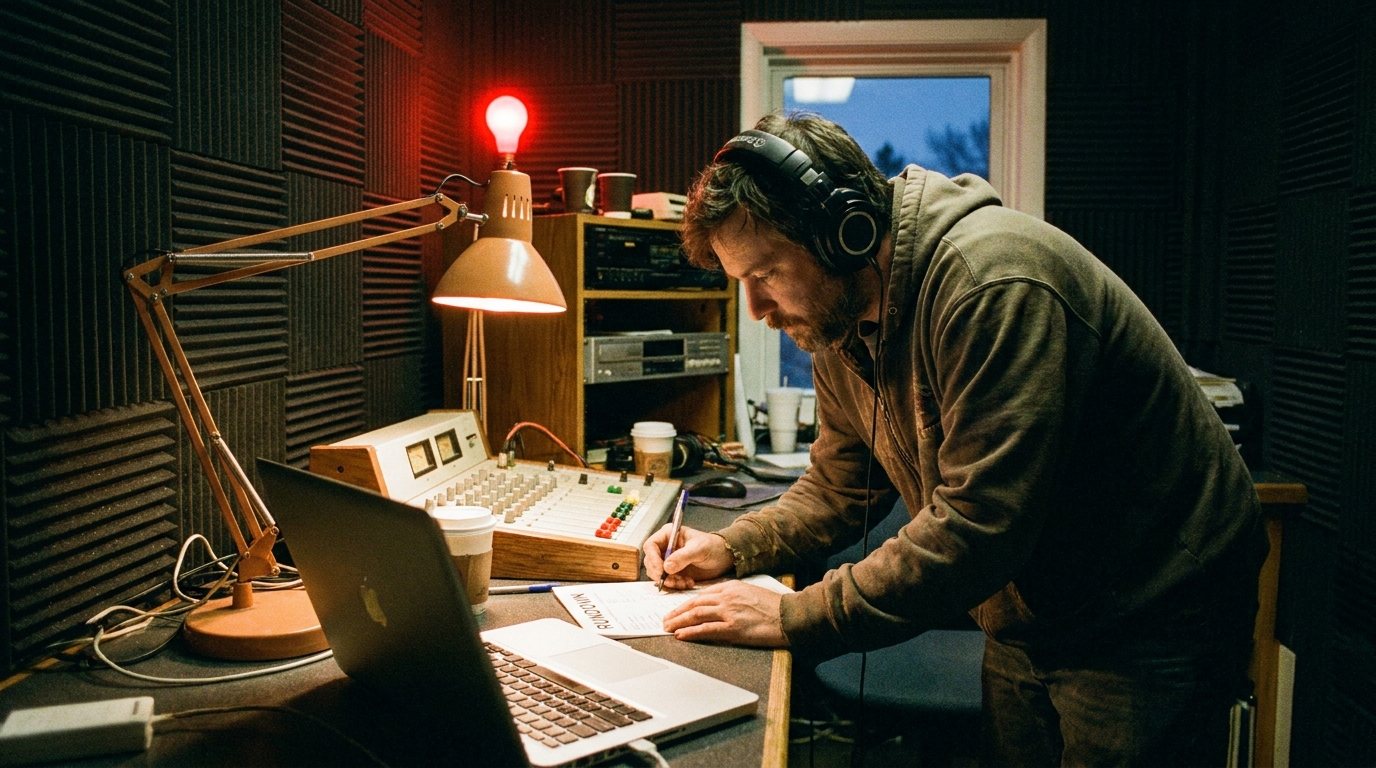 A radio host in headphones leans over the mixing desk to write on a rundown in a small station studio before dawn © Voice Over Herald