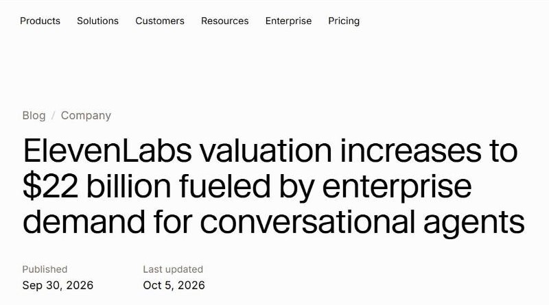 Screenshot of the ElevenLabs announcement of September 30, 2026: ElevenLabs valuation increases to $22 billion fueled by enterprise demand for conversational agents. Image: ElevenLabs