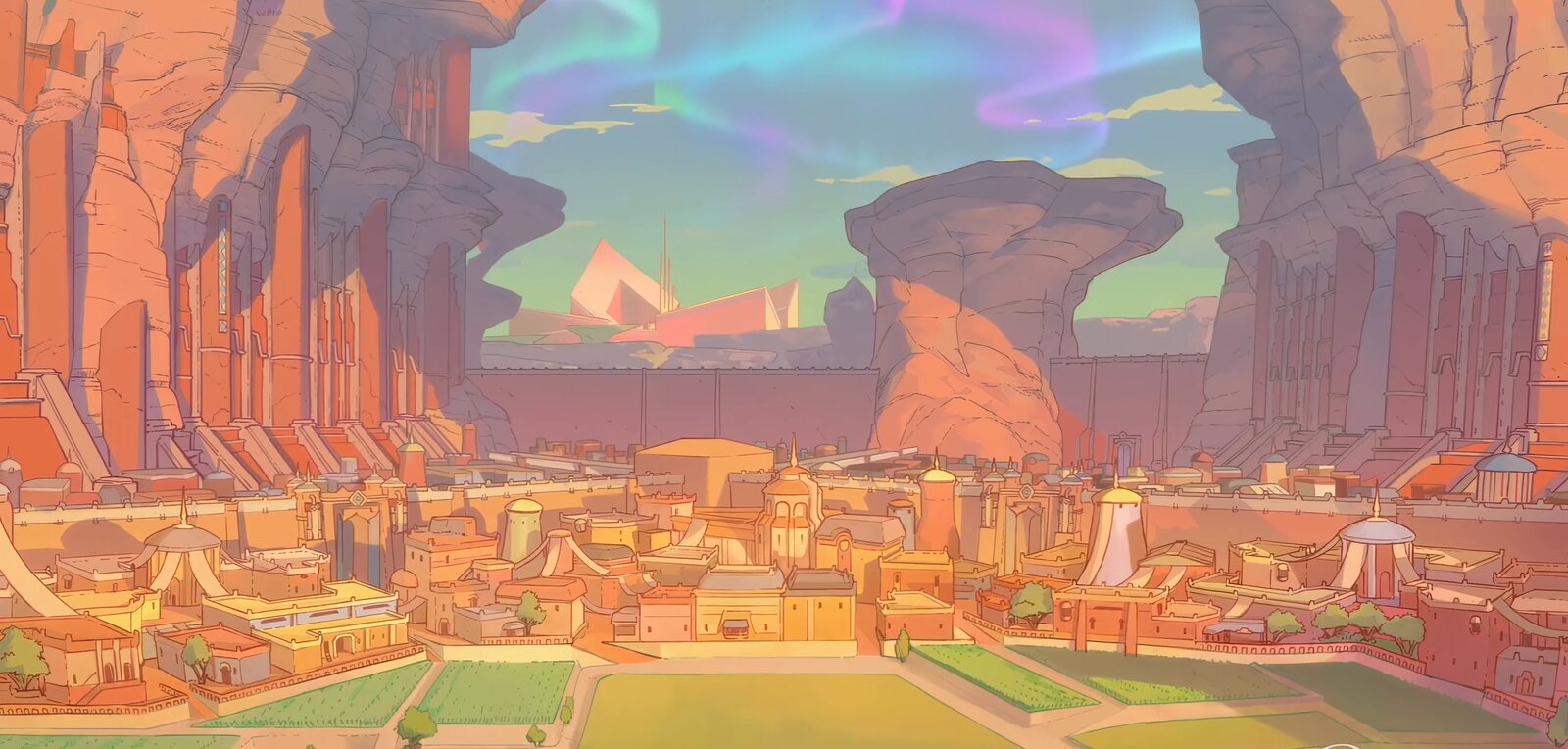 The walled haven of Ellora under an aurora sky, farm terraces inside the walls and red cliffs beyond, from the Avatar: Seven Havens trailer. Image: Paramount+