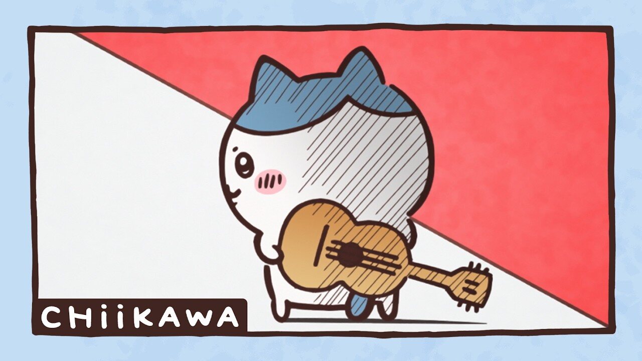 Hachiware toca la guitarra en la portada del episodio 11 de la primera temporada de Chiikawa, I Mutter To Myself, del doblaje en inglés en YouTube. Imagen: Chiikawa Official