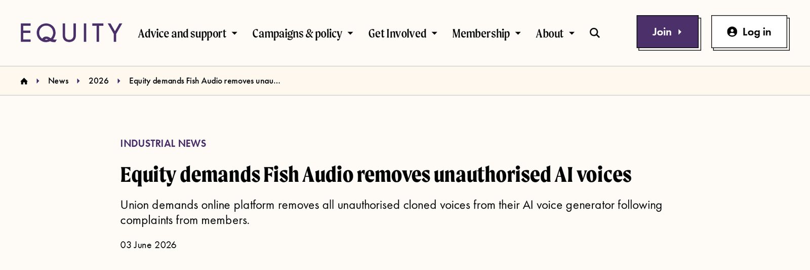 Página de noticias de Equity titulada Equity demands Fish Audio removes unauthorised AI voices, del 3 de junio de 2026