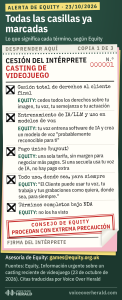 Un formulario de cesión de un casting de videojuego con todas las casillas ya marcadas: cesión total de derechos al cliente final, entrenamiento de IA/LLM y uso en modelos de voz, pago único, todo uso donde sea y para siempre, y términos completos bajo NDA que Equity no ha visto. Junto a cada casilla está lo que significa según Equity, y la línea de firma en blanco lleva un sello con el consejo de Equity de proceder con extrema precaución.