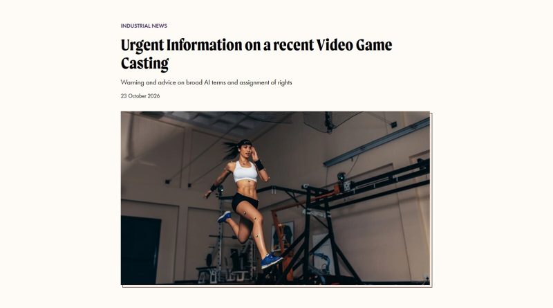 Screenshot of Equity's website showing its notice Urgent Information on a recent Video Game Casting, warning and advice on broad AI terms and assignment of rights