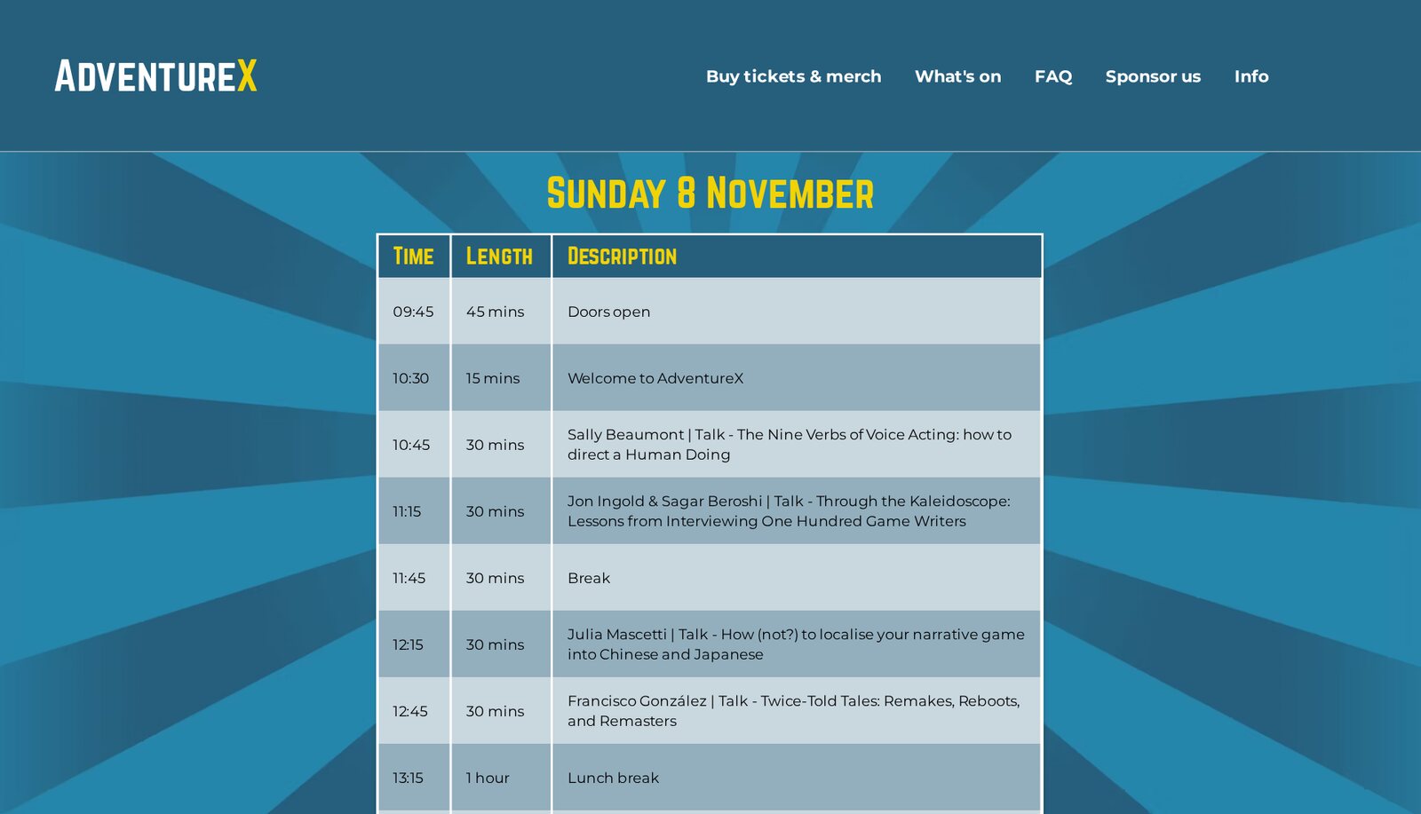 Screenshot of the AdventureX 2026 schedule for Sunday 8 November, showing Sally Beaumont's 10:45 talk The Nine Verbs of Voice Acting. Image: AdventureX