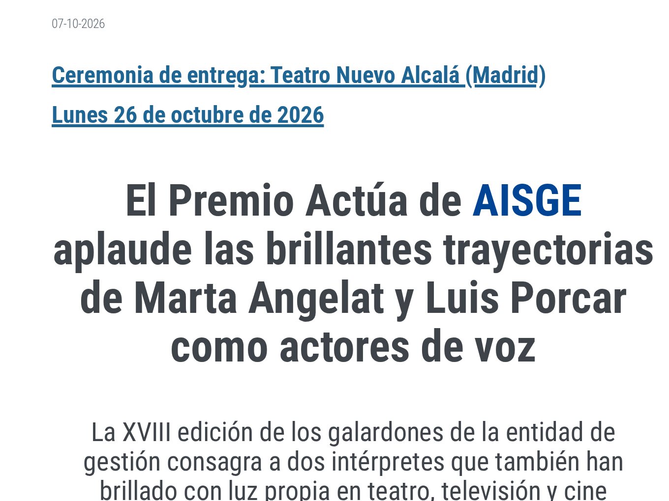Captura del anuncio de AISGE: la ceremonia de los Premios Actúa en el Teatro Nuevo Alcalá de Madrid el lunes 26 de octubre de 2026, que reconoce a Marta Angelat y Luis Porcar como actores de voz. Imagen: AISGE
