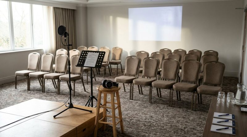 Una sala de conferencias de hotel vacía preparada para un taller de actuación de voz, con micrófono, atril y audífonos frente a filas de sillas © Voice Over Herald