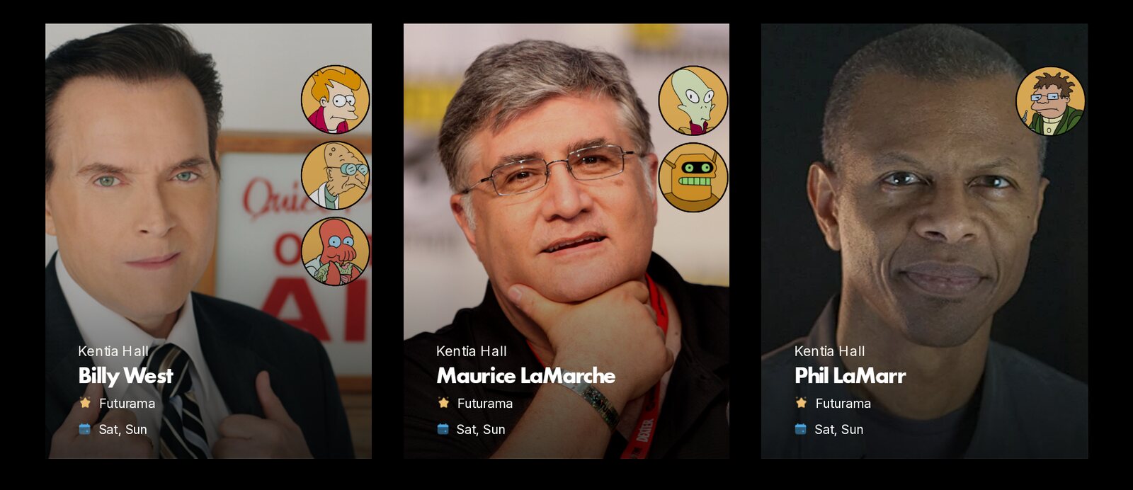 Screenshot of the L.A. Comic Con guest page showing Futurama voice actors Billy West, Maurice LaMarche and Phil LaMarr, each appearing Saturday and Sunday in Kentia Hall. Image: L.A. Comic Con