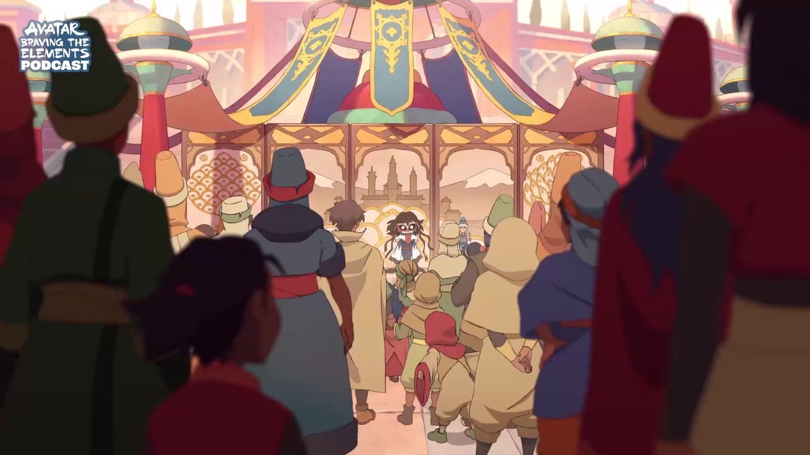 Frame from Avatar: Seven Havens of a festival crowd watching a staged scene about Korra, shown on the Avatar: Braving the Elements podcast. Image: Paramount+ and Avatar Studios