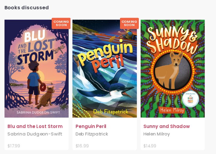 The covers of Blu and the Lost Storm by Sabrina Dudgeon-Swift, Penguin Peril by Deb Fitzpatrick and Sunny and Shadow by Helen Milroy, as shown on the Fremantle Press announcement page. Image: Fremantle Press