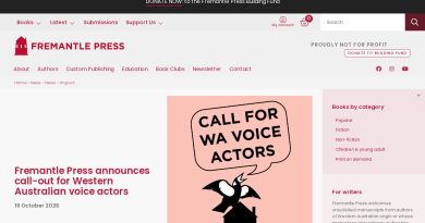 Screenshot of the Fremantle Press website announcing its call-out for Western Australian voice actors on 19 October 2026, beside a pink poster reading Call for WA Voice Actors with a magpie singing from the top of a building. Image: Fremantle Press