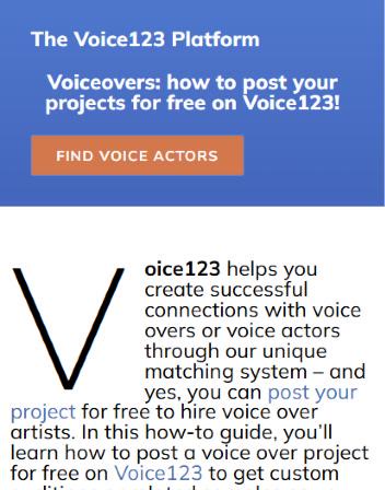 Captura de la guía del blog de clientes de Voice123 sobre cómo publicar proyectos gratis. Imagen: Voice123