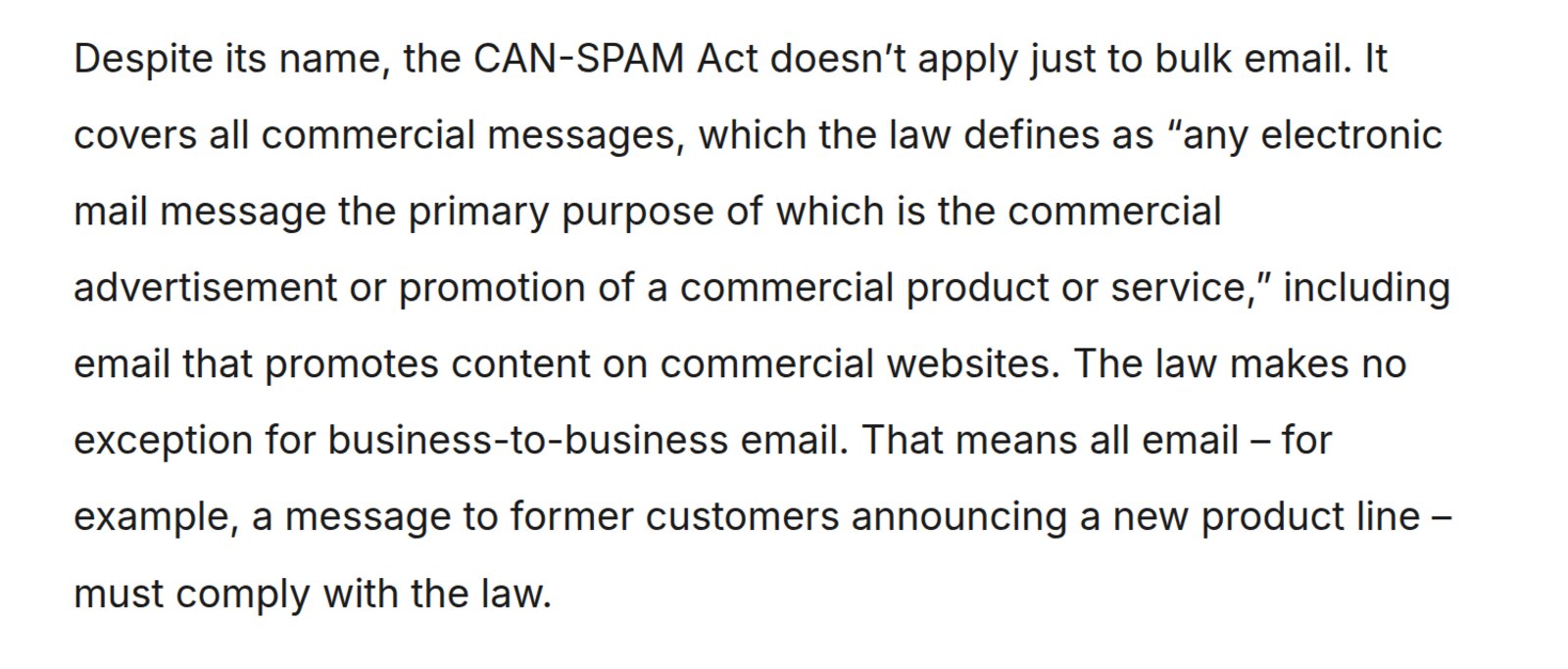 Captura de la guía de cumplimiento de CAN-SPAM de la Comisión Federal de Comercio, donde dice que la ley cubre todos los mensajes comerciales y no hace excepciones para el correo entre empresas. Imagen: Federal Trade Commission, ftc.gov