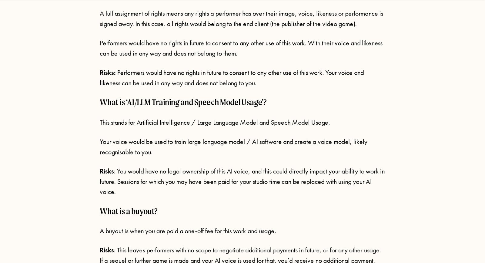 Screenshot of Equity's Galaxy casting notice explaining a full assignment of rights and AI/LLM Training and Speech Model Usage, including the line that sessions you may have been paid for can be replaced with using your AI voice. Image: Equity