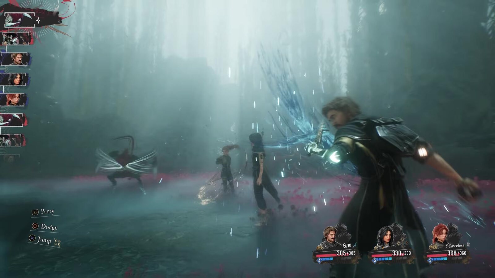 A battle scene from Clair Obscur: Expedition 33 with Gustave swinging his sword in the foreground, the turn order on the left and the party's health on the right. Image: Sandfall Interactive, Kepler Interactive