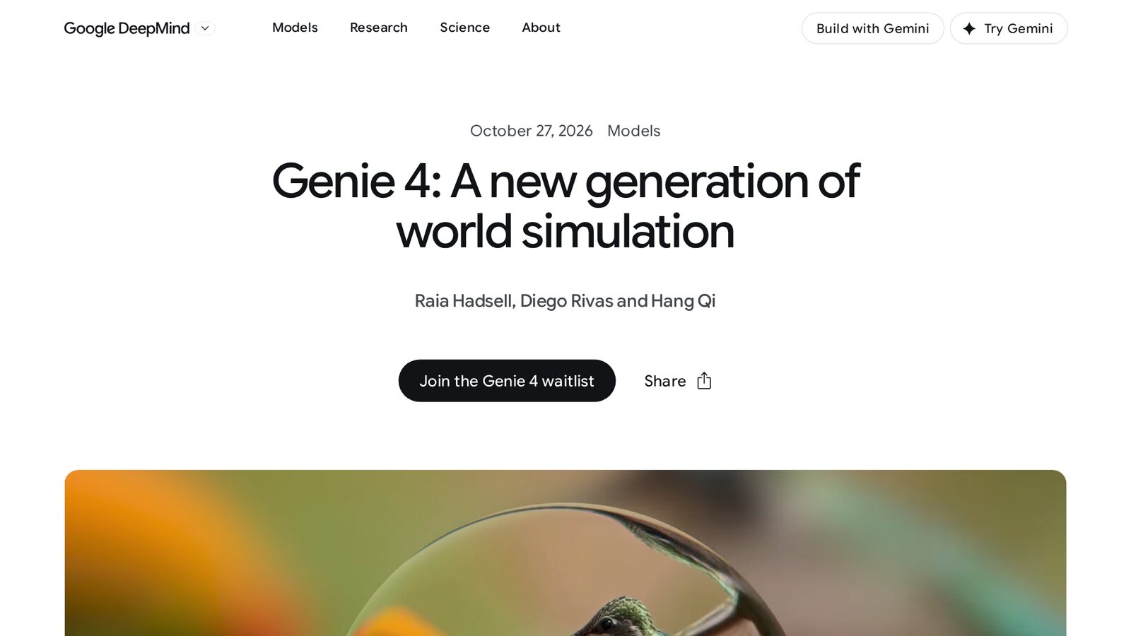 Screenshot of the Google DeepMind blog post Genie 4: A new generation of world simulation, dated October 27, 2026, by Raia Hadsell, Diego Rivas and Hang Qi, with a Join the Genie 4 waitlist button. Image: Google DeepMind