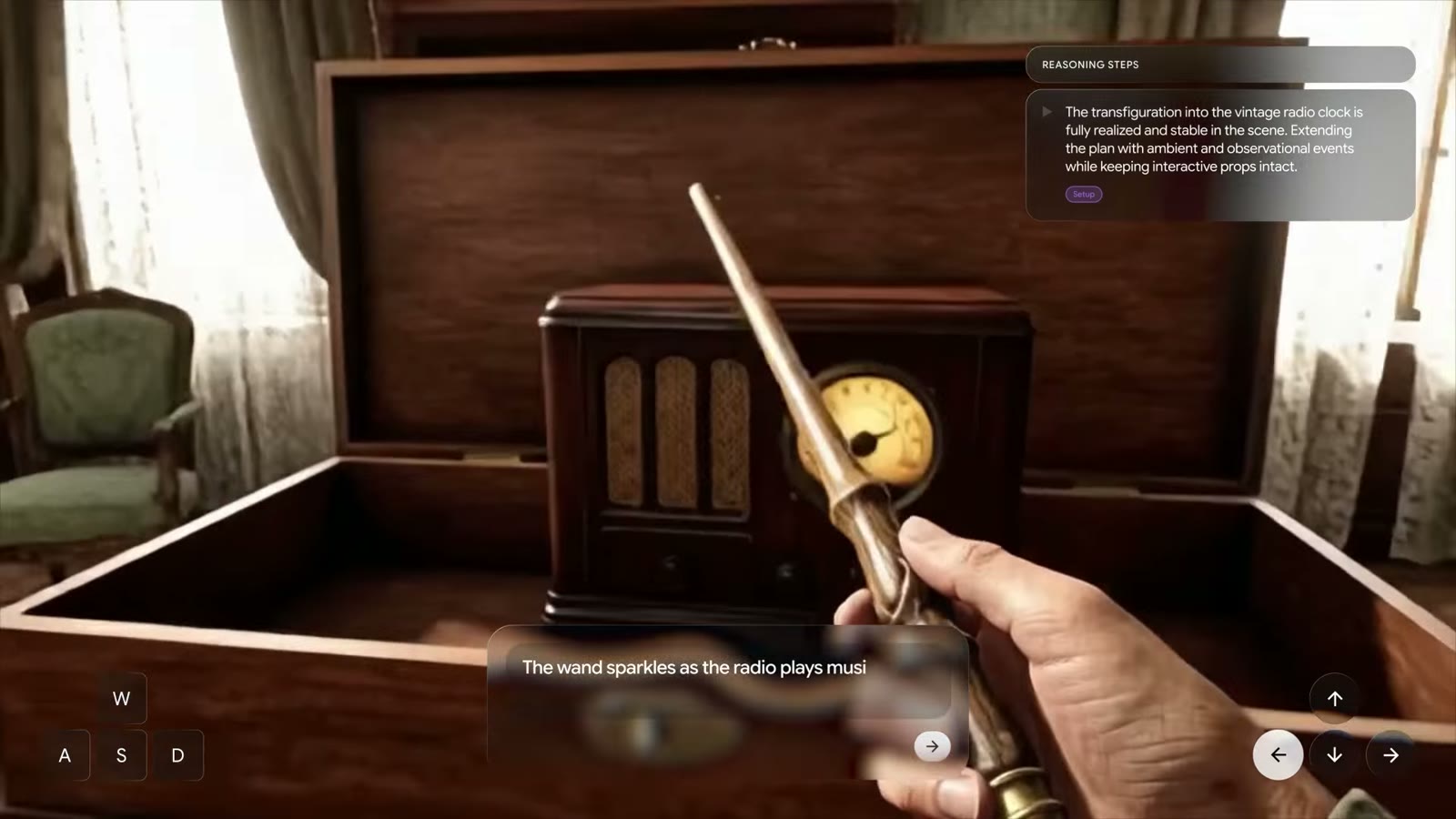 Frame from Google DeepMind's Genie 4 magician demo: a hand holds a wand over an open wooden chest with a vintage radio inside, a reasoning panel at top right and the typed prompt The wand sparkles as the radio plays music. Image: Google DeepMind