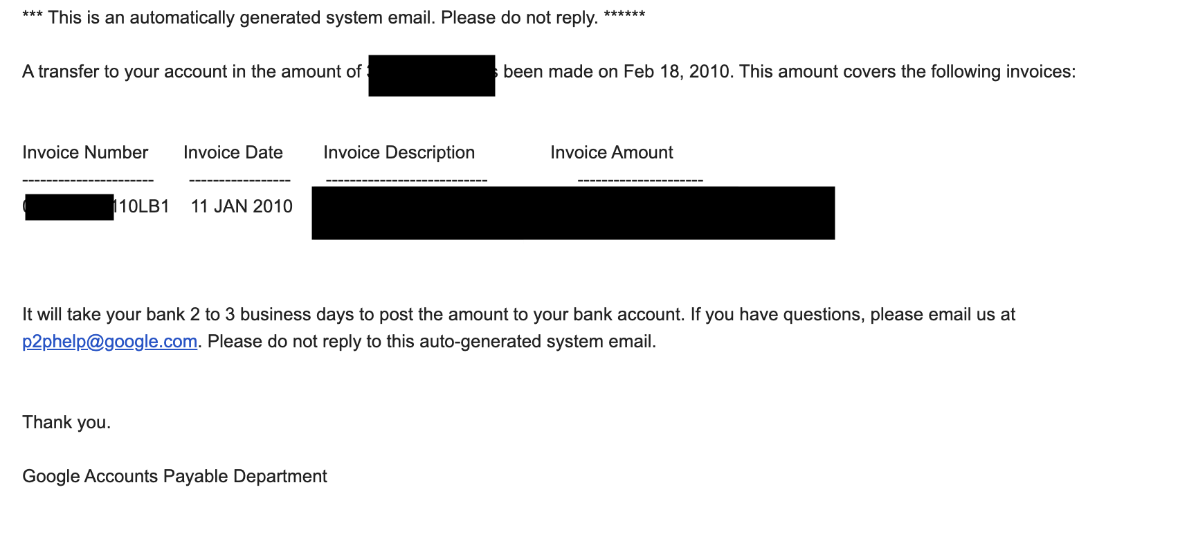 A Google Accounts Payable payment notice from February 2010 for an invoice dated 11 January 2010, with the amount and description hidden. Image: courtesy of Laurie Burke