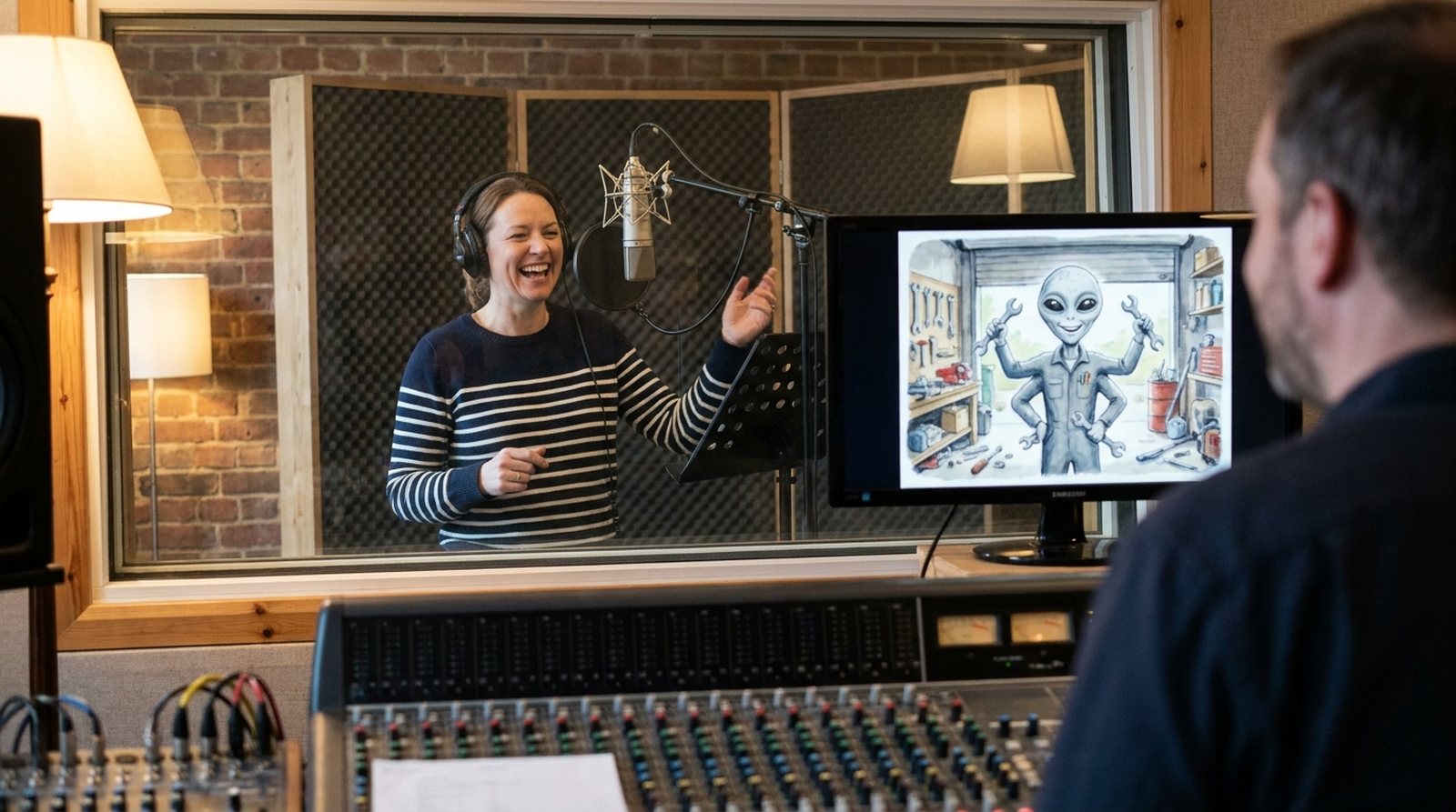 A smiling actor in a striped jumper performs at a studio microphone behind control room glass, an illustration of a four-armed alien mechanic on the monitor beside her © Voice Over Herald