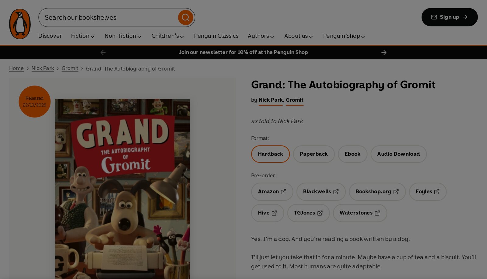 Screenshot of Penguin Books UK's page for Grand: The Autobiography of Gromit, showing the cover, a release badge for 22 October 2026, the hardback, paperback, ebook and audio download formats, pre-order buttons and the opening line Yes. I'm a dog. Image: Penguin Books UK