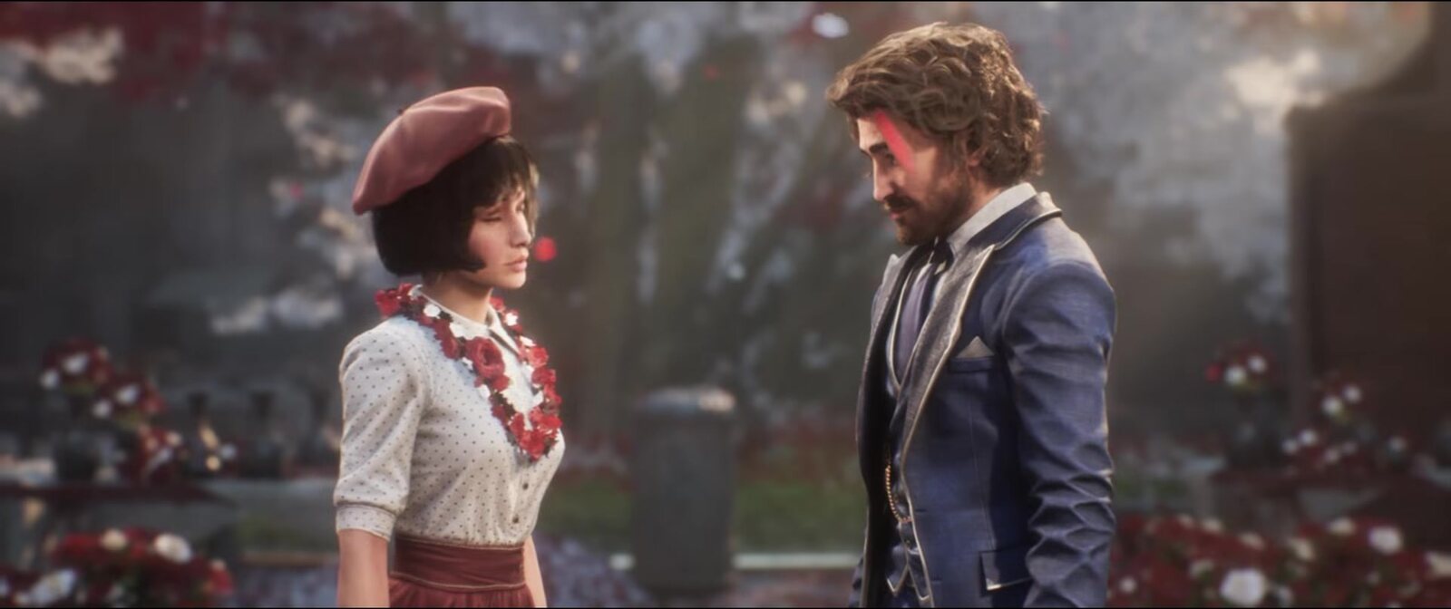 Gustave, con la voz de Charlie Cox, en un jardín lleno de flores hablando con una joven de boina roja en una escena del tráiler de Clair Obscur: Expedition 33. Imagen: Sandfall Interactive, Kepler Interactive