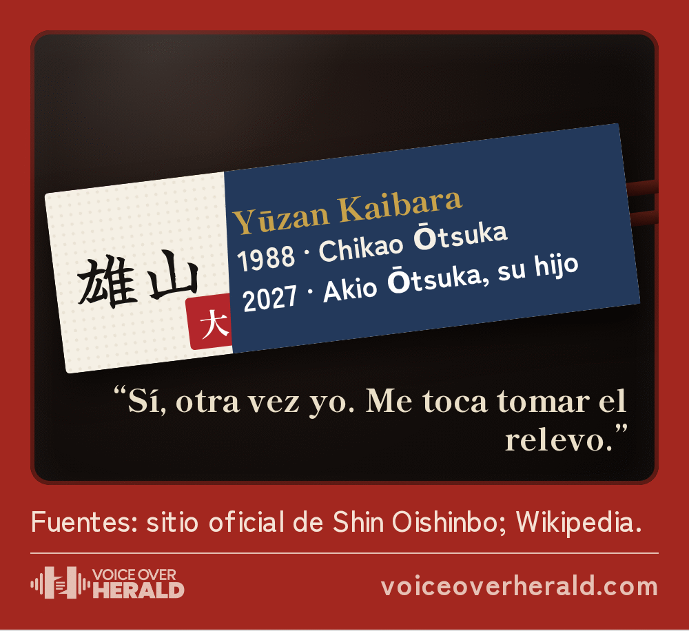 Gráfico de un sobre de palillos de papel washi sobre una bandeja de laca negra con el nombre Yūzan escrito a pincel y las líneas Yūzan Kaibara, 1988 Chikao Ōtsuka, 2027 Akio Ōtsuka, su hijo, bajo las palabras de Akio Ōtsuka: Sí, otra vez yo. Me toca tomar el relevo.