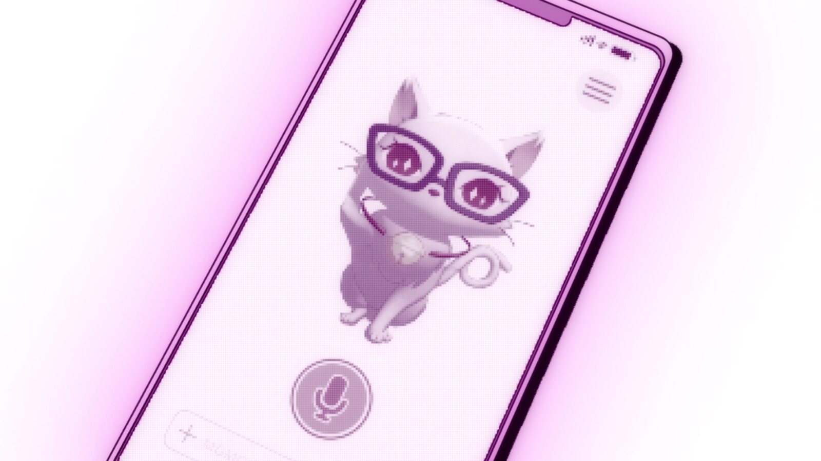 The AI secretary app MOMO, a pink cat in glasses on a phone screen with a microphone button, from the Horror Collector opening. Image: NHK Enterprises