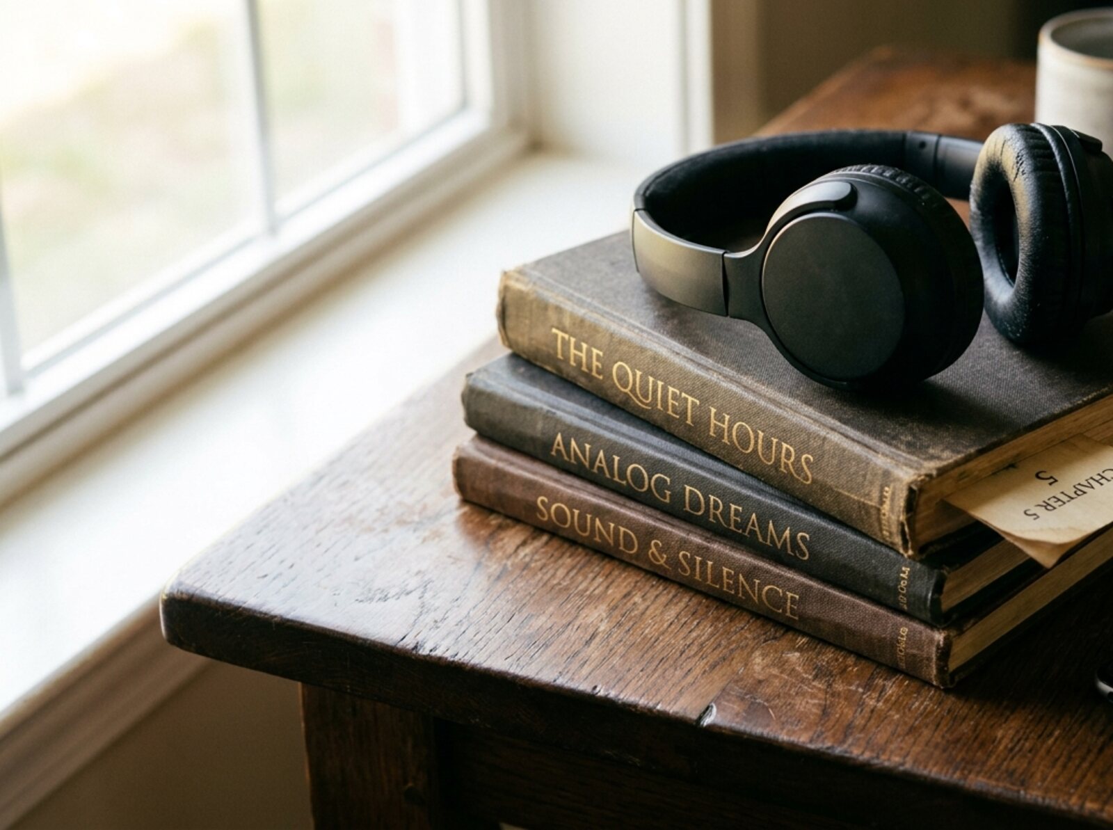 Unos audífonos negros de diadema descansan sobre una pila de tres libros de tapa dura en una mesa de madera junto a una ventana, con un marcapáginas asomando del libro de arriba. © Voice Over Herald