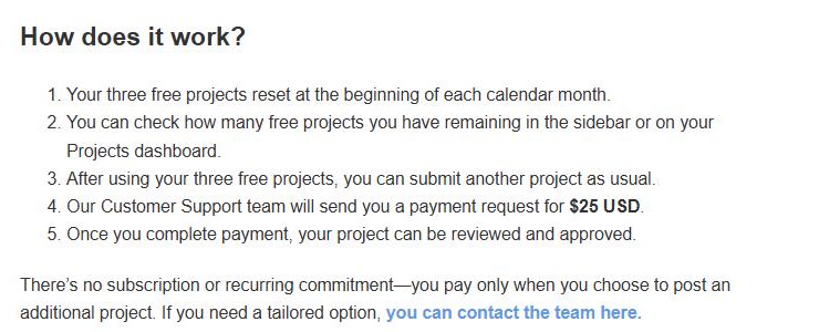 Screenshot of Voice123's help page explaining that after three free projects, Customer Support sends a $25 payment request and the project is reviewed and approved once paid. Image: Voice123