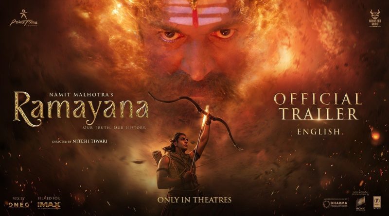 Official English trailer artwork for Ramayana: Rise of a Legend, with Rama drawing a bow beneath the face of Ravana. Image: Prime Focus Studios