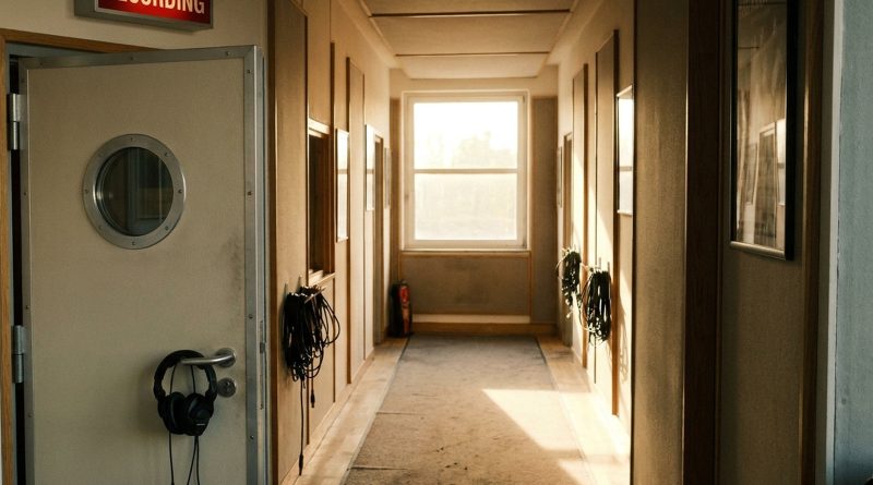 An empty recording studio corridor in late Friday afternoon light, with studio headphones hanging on the handle of a padded door under a red RECORDING sign. © The Voice Realm