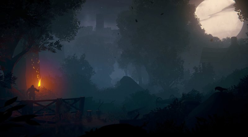 A moonlit night scene from Hunter's Moon with a figure holding a torch beside a gate, trees and a church tower in the mist. Image: Twin Swans, via PlayStation State of Play