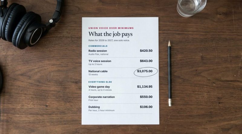 A printed sheet titled What the job pays lists union voice over minimums on a wooden desk beside headphones, a pencil and a glass of water. Image: The Voice Realm